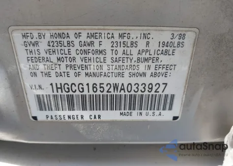 1998 Honda Accord Ex V6 z USA, uszkodzony, nr VIN 1HGCG1652WA033927